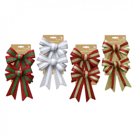 XMAS BOW STRIPE GLITTER 14X20CM 2PK     